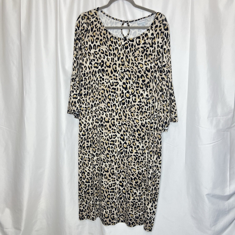Catherines Women’s Leopard Midi Dress A-line Bell Sleeves Stretch Sz 0X / 14-16W